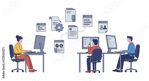 office teamwork colleagues collaborating on computers at desks sharing documents and insights showcasing workplace efficiency and collaborative workspace