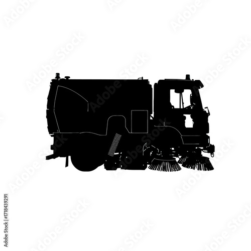 Silhouette Street Sweeper Vector Illustration in Black and White Minimalist Style