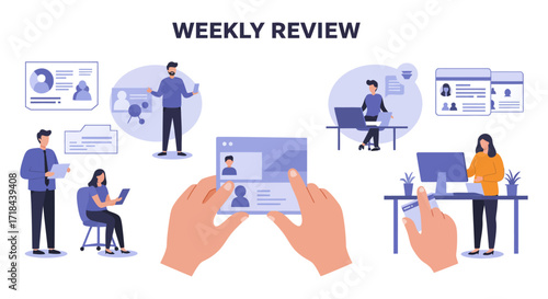 weekly review of project status by team checking performance metrics on screens fostering collaboration ideal for corporate blog post.