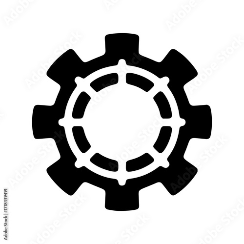 A detailed black and white illustration of a gear, a symbol of industry and mechanical processes. This image evokes a sense of precision and technological innovation