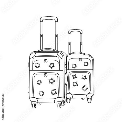 Illustration Vector Suitcase Set with Travel Stickers Minimalist Black Line Art
