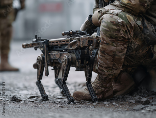 Soldier operating armed robot dog on battlefield during military operation