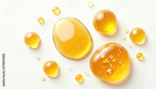 Realistic 3d gold honey argan oil droplet set on transparent background. Yellow serum liquid drops with bubbles, stains represent cosmetic keratin fluid. Glowing golden viscous fluid puddle