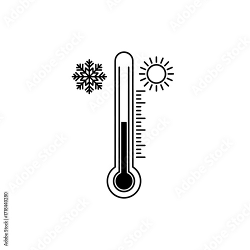 Minimalist Thermometer Vector Icon with Sun Snowflake Symbols Black and White