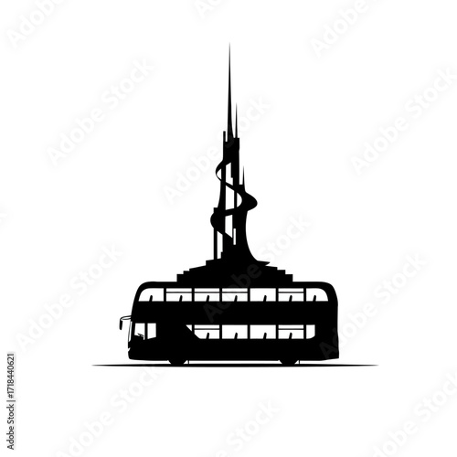 Minimalist Vector Illustration of Double Decker Bus with Abstract Spiral Tower in Black and White