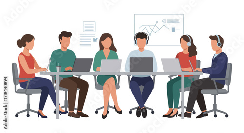 Business team collaborating on laptops at a table working together in a modern office illustrating teamwork communication and corporate success.