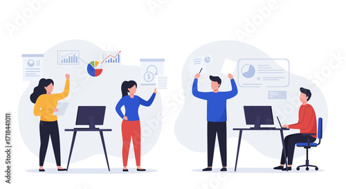 data analysis team working in a modern office analyzing charts and reports for business strategy and financial performance perfect for presentations