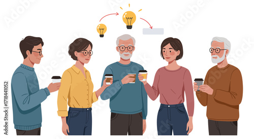 diverse team brainstorming innovative ideas over coffee sharing insights in a meeting creating solutions useful for collaboration and teamwork concepts