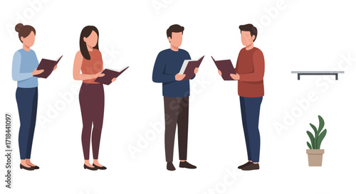 Group of people reading books standing in a classroom depicting the joy of learning ideal for educational articles emphasizing knowledge