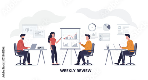 weekly review business team collaborating on data analysis presentation in office discussing strategy  performance reports ideal for corporate blog