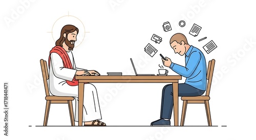 Jesus Is Waiting for You – Savior Standing Beside a Busy Man at the Table, Symbolizing Christianity, Faith, and the Call to Spiritual Reflection and Connection, Religious Vector Illustration