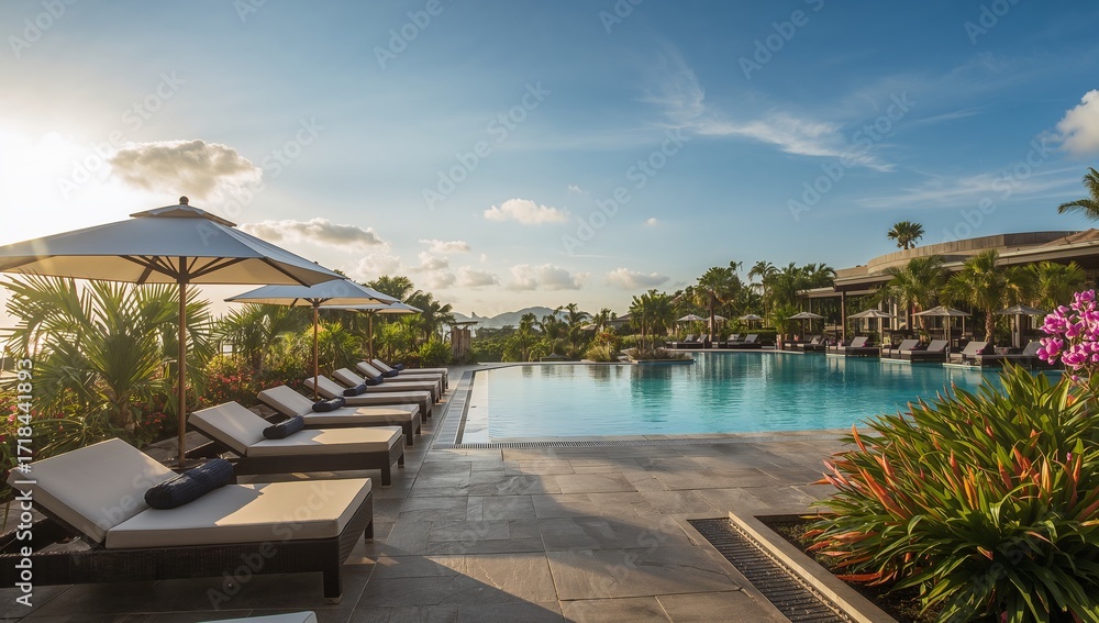 Fototapeta premium Luxury Resort Poolside with Sunbeds and Tropical Relaxation