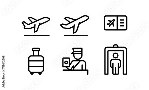 Minimalist airport icons: travel, passport, security, luggage, boarding pass