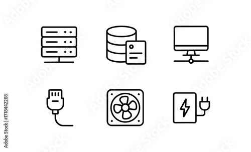 Technology equipment icons set: server, database, monitor, cable, fan, power