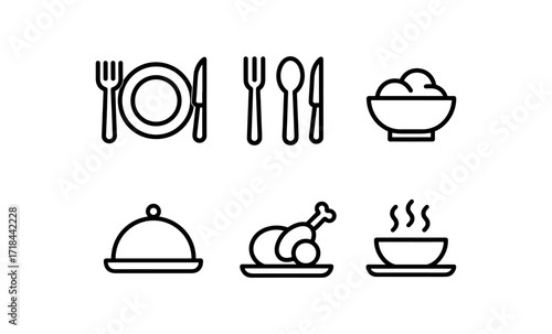 Minimalist dining icons: cutlery, plate, soup, chicken, serving dish, bowl