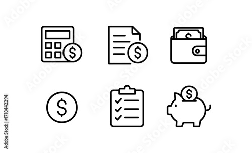 Simple finance icon set: calculator, wallet, piggy bank, and more