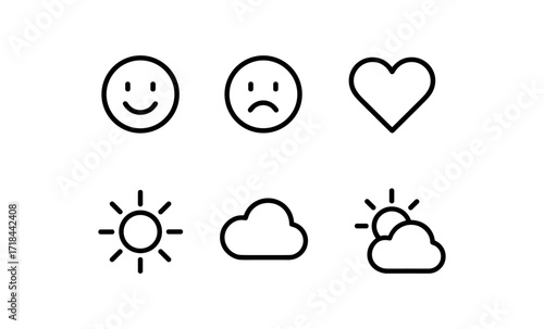 Minimalist line art icons of emotions and weather: smiley, cloud, heart