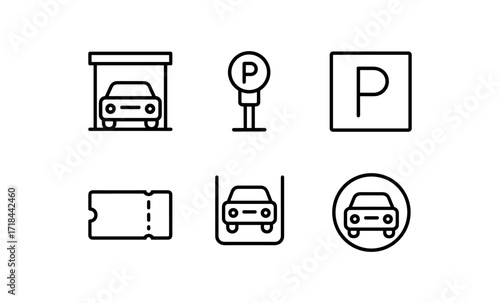Minimalist linear icons of parking signs and garage symbols collection