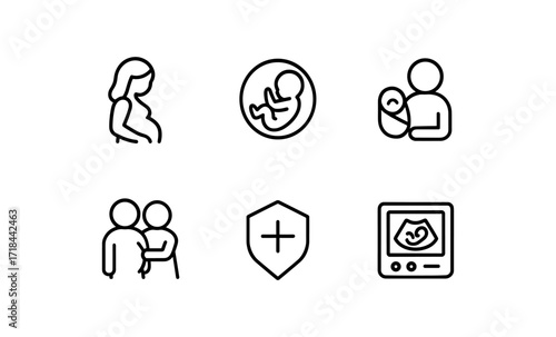 Linear icons of pregnancy and parenthood: baby, ultrasound, family, newborn care