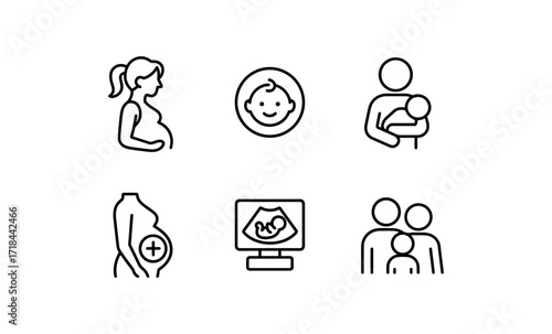 Minimalist family and pregnancy icons set: motherhood, parent, baby, ultrasound