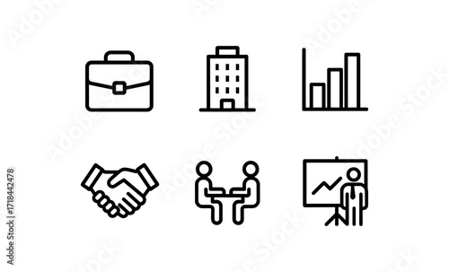 Minimalist business icons set with office, chart, and meeting symbols