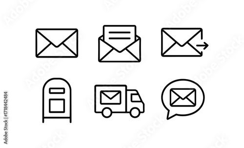 Linear icons of email communication: envelopes, mailbox, delivery, and messaging