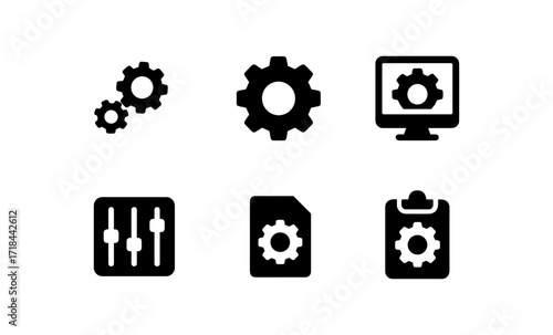 Gear and settings icons: silhouette tools and configuration symbols
