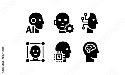 Artificial intelligence icons: set of bold ai and technology symbols