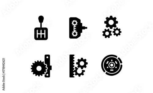 Automotive gear and transmission symbols in minimalist black silhouette style