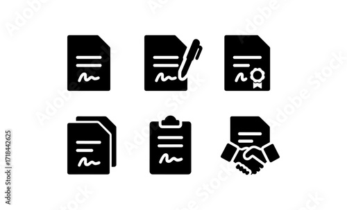 Legal document icons set featuring signature, pen, and handshake symbols