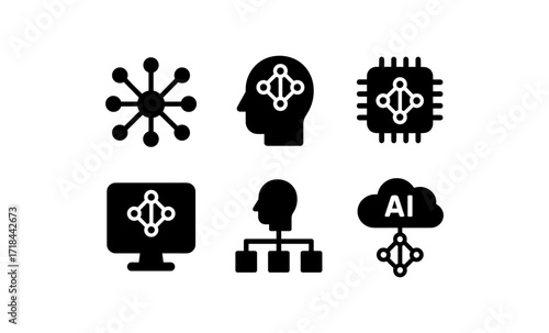 Artificial intelligence silhouette icons set: network, head, chip, computer, cloud