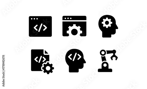 Silhouette icons of coding and automation technologies