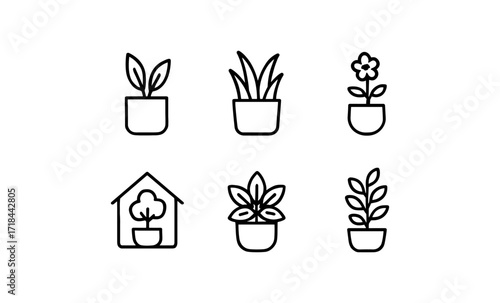Minimalist potted plants set with simple line art designs for home and garden decor