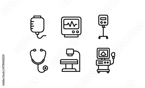 Set of medical equipment icons in modern linear style for healthcare applications