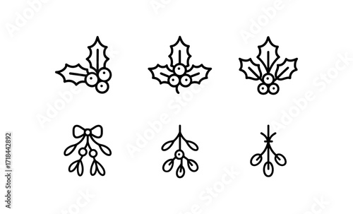Minimalist holly and mistletoe icons for festive design projects