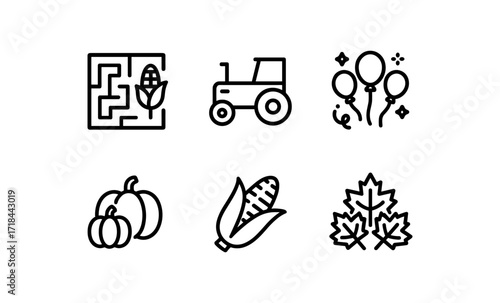 Autumn harvest icons: corn maze, tractor, pumpkins, balloons, corn, maple leaves