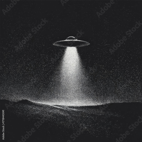 Ufo flying saucer with light beam over dark landscape