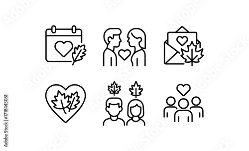Autumn romance icons: linear love and fall themed symbols