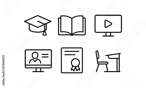 Educational icons set: graduation cap, online learning, certificate, book, and classroom elements