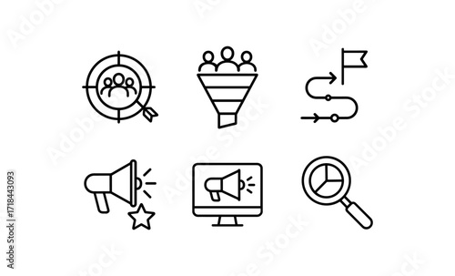 Marketing and sales strategy icons set featuring linear outline symbols