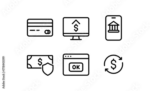Financial technology icons, mobile banking, online transactions, credit card security, line art style