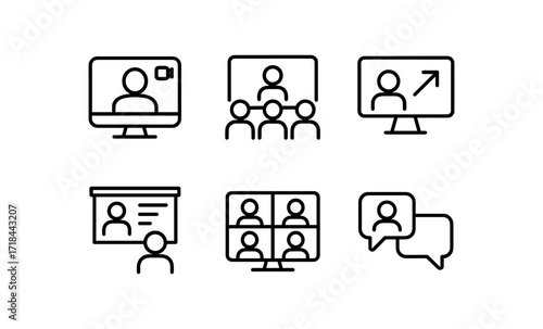 Set of minimalist online meeting and communication icons
