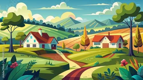A painting of a countryside with houses and trees captures gentle rolling hills, soft clouds drifting above, golden fields, distant mountains, and serene charm bathed in warm afternoon sunlight.