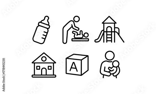 Baby care and playtime essentials icons featuring feeding, diaper changing, and play structures
