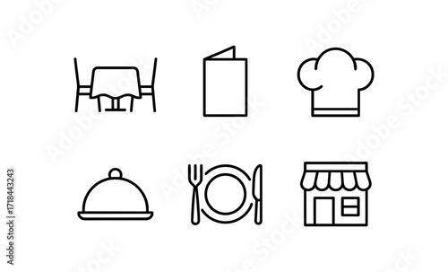 Restaurant icon set: linear design featuring dining, chef hat, menu, and more