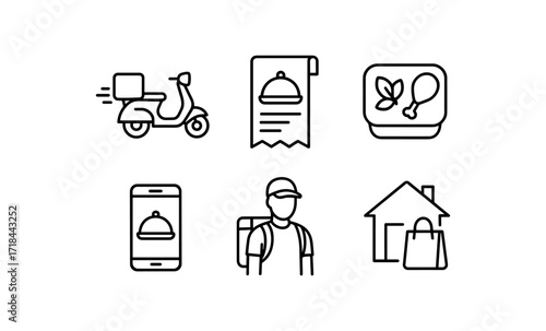 Linear food delivery icons: scooter, mobile, receipt, person, house, meal