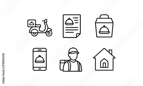 Food delivery icons: mobile, scooter, packaging, courier, document, home