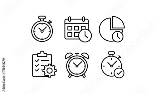 Linear time management icons: clocks, calendars, and checklists for organization
