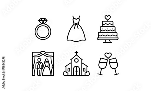 Minimalist wedding icons: ring, dress, cake, ceremony, and celebration