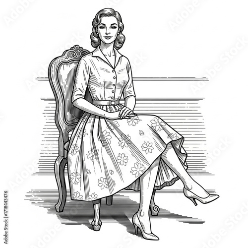 Woman in Vintage 1950s Dress and Heels Sitting Gracefully on Chair - Engraved Woodcut Style Illustration